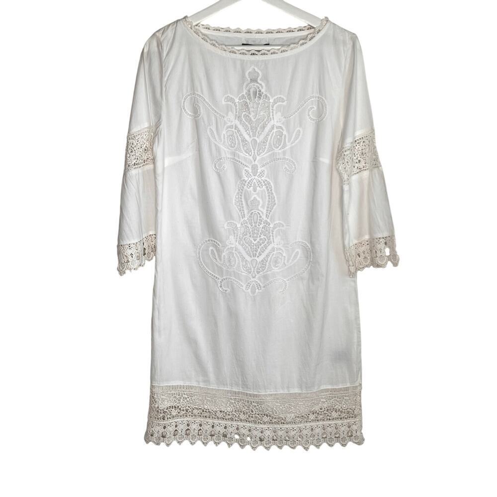 Lauren Ralph Lauren 3/4 Sleeve Lace Trim Shift Dress White Women's Size XS NWT